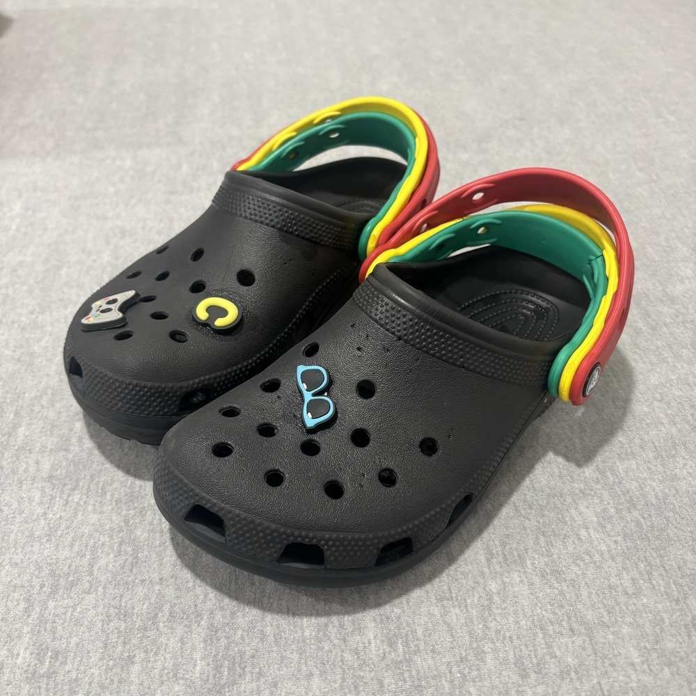 Crocs Classic Clog Black Triple Strap Red Yellow Green Jibbitz Mens 4 Womens 6